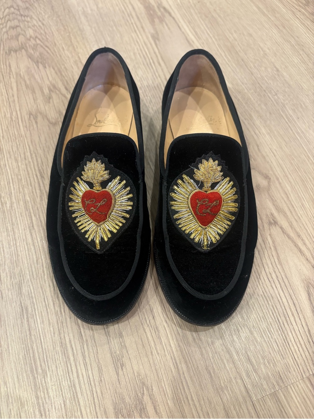 Christian Louboutin Black Velvet Embroidered Heart Loafers